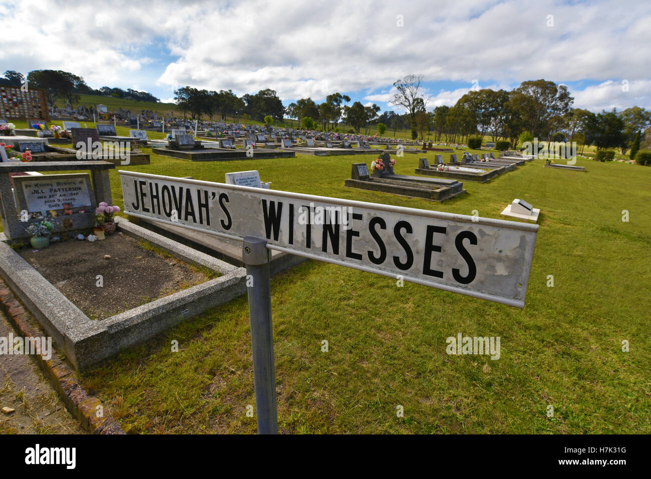 sign denoting jehovah's witnesses section of tenterfield cemetary in northern new south wales nsw australia Stock Photo