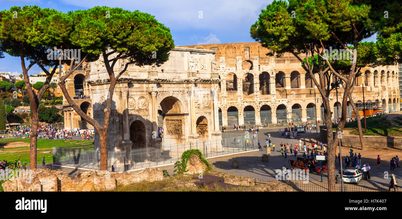 Panoramic image of great Colosseum and arc of Konstantinos. Rome, Italy Stock Photo