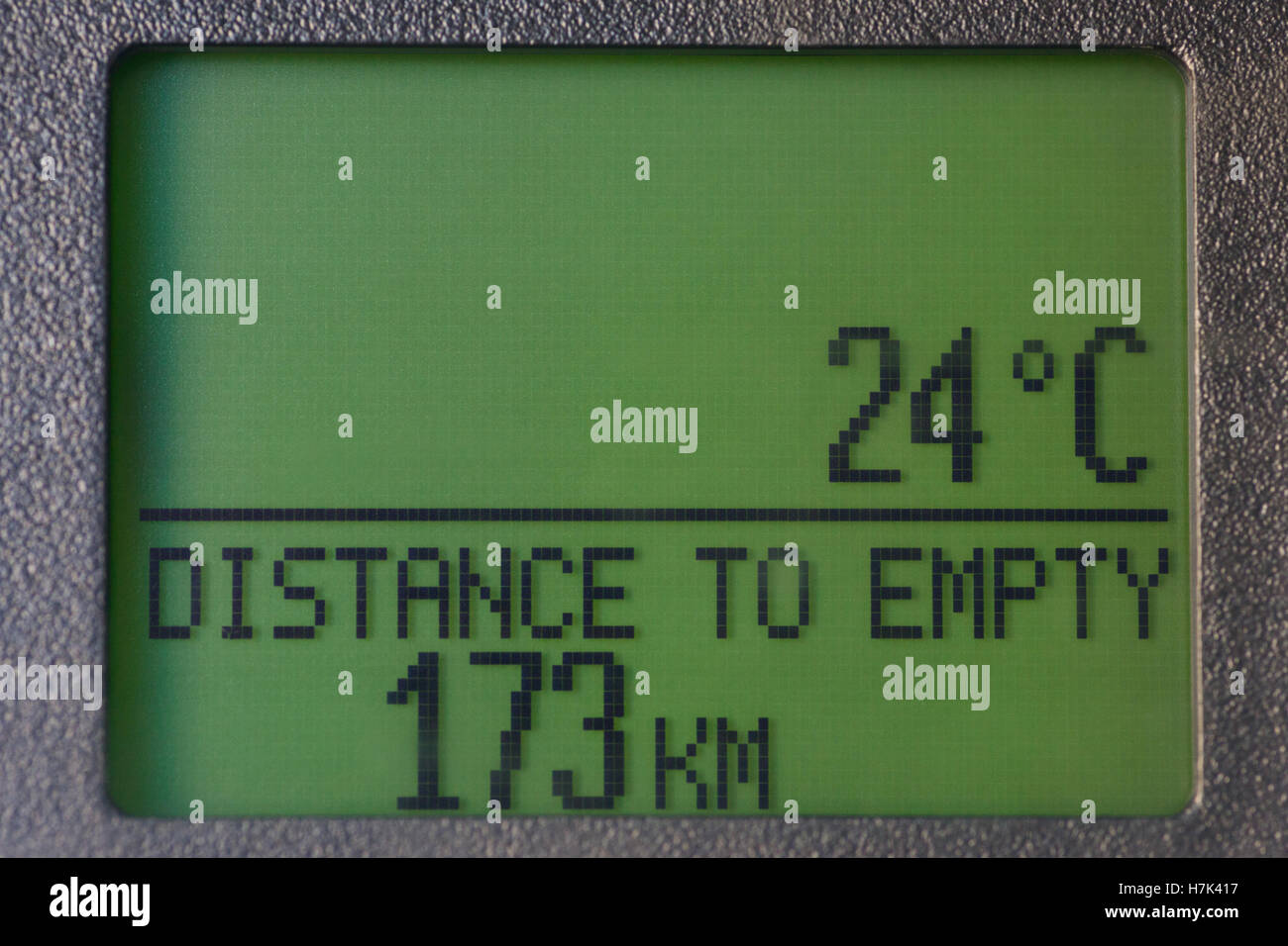 Color close up of a car's dashboard showing the distance to empty the