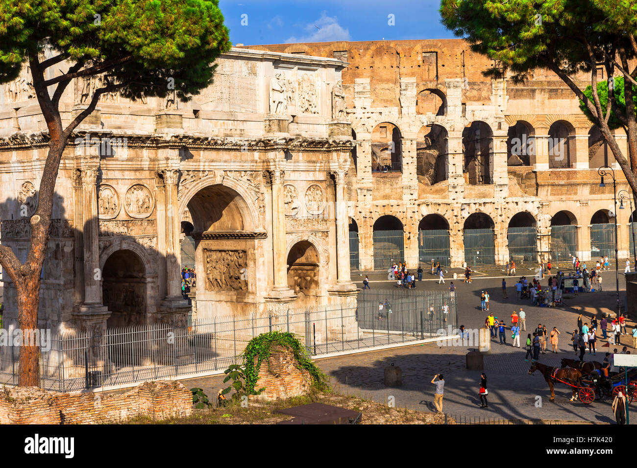Panoramic image of great Colosseum and arc of Konstantinos. Rome, Italy Stock Photo