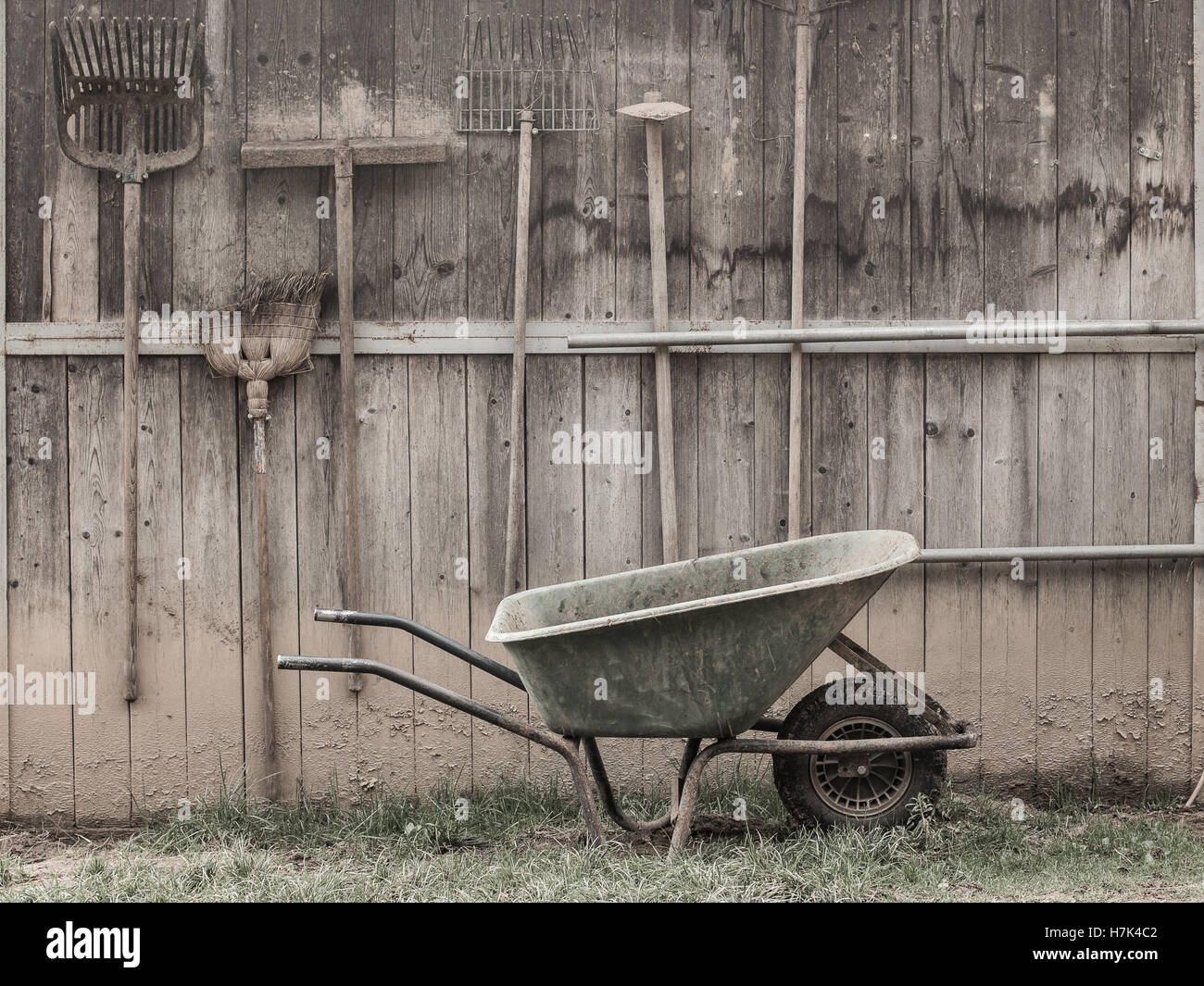 Horse Ranch Garden Country Tools Wheel barrel Rakes and Brooms Stock Photo