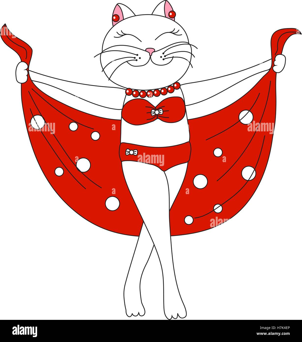 Cute cat in a red swimsuit. Vector illustration for greeting card, poster, or print on clothes. Stock Vector