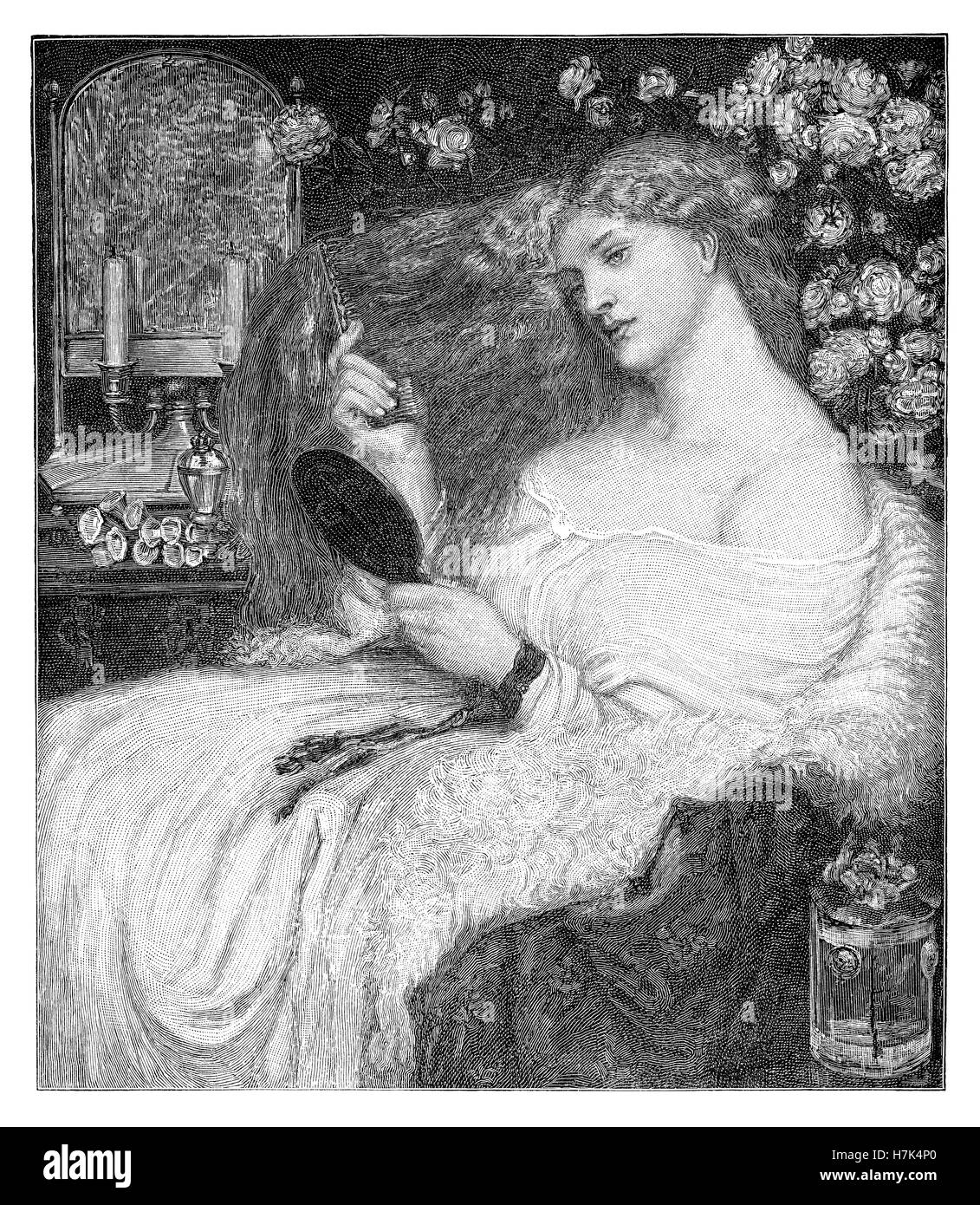 1883 black and white engraving of a watercolour by Dante Gabriel Rossetti titled Lady Lilith Stock Photo