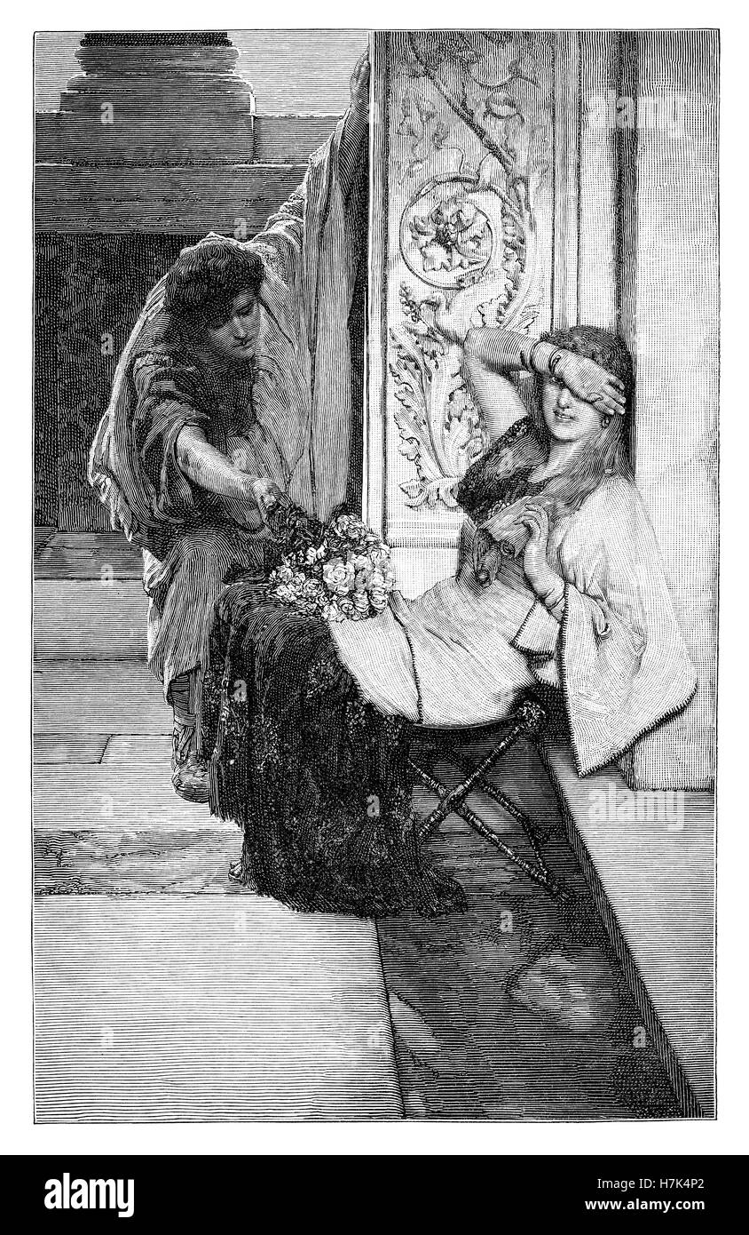 1884 black and white engraving of the painting Shy by Sir Lawrence Alma-Tadema Stock Photo