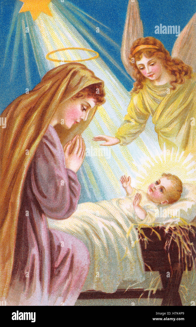 Edwardian illustration of Madonna and Child with Angel Stock Photo