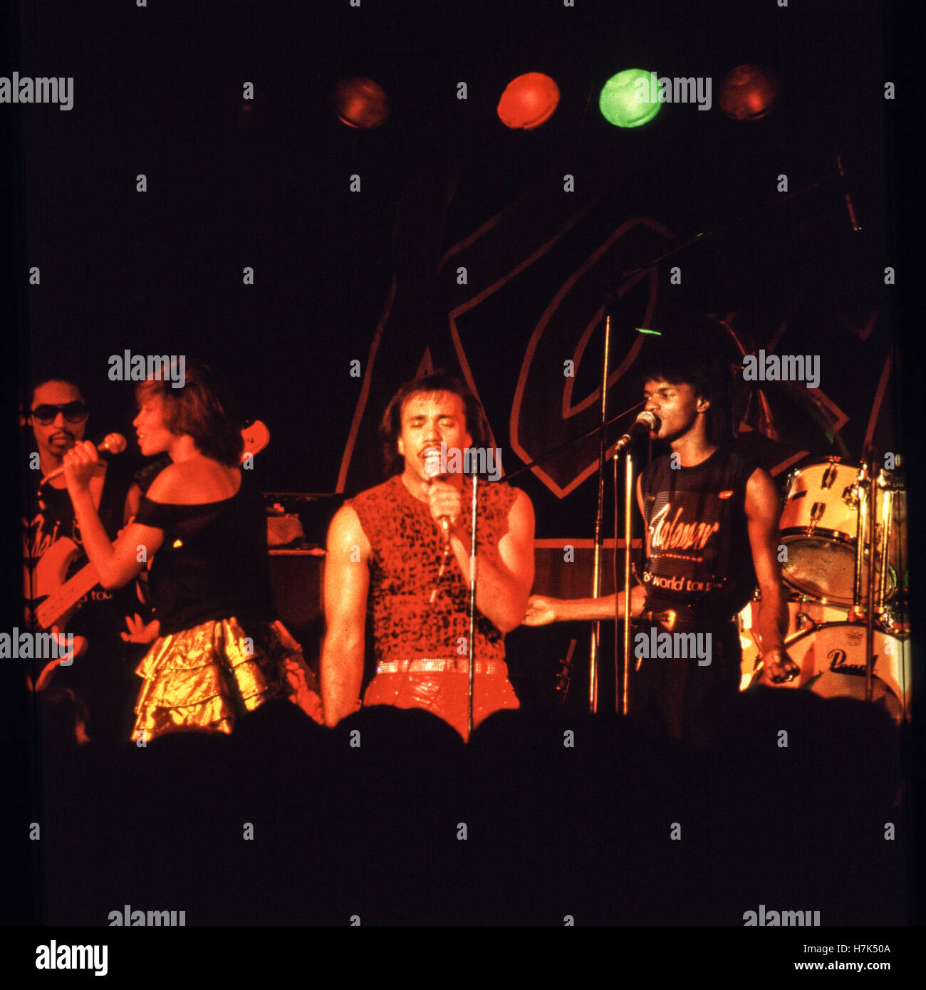 Shalamar Band playing live in UK.  Jeffrey Daniel, Jody Watley, Howard Hewett, Rock City November 24th 1982 Stock Photo