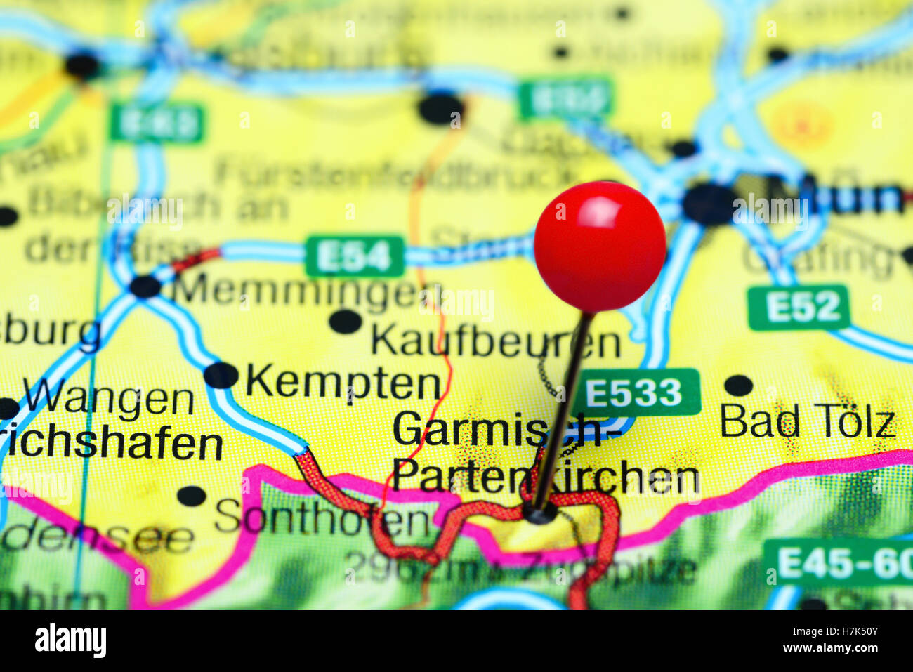 Garmisch-Partenkirchen pinned on a map of Germany Stock Photo - Alamy