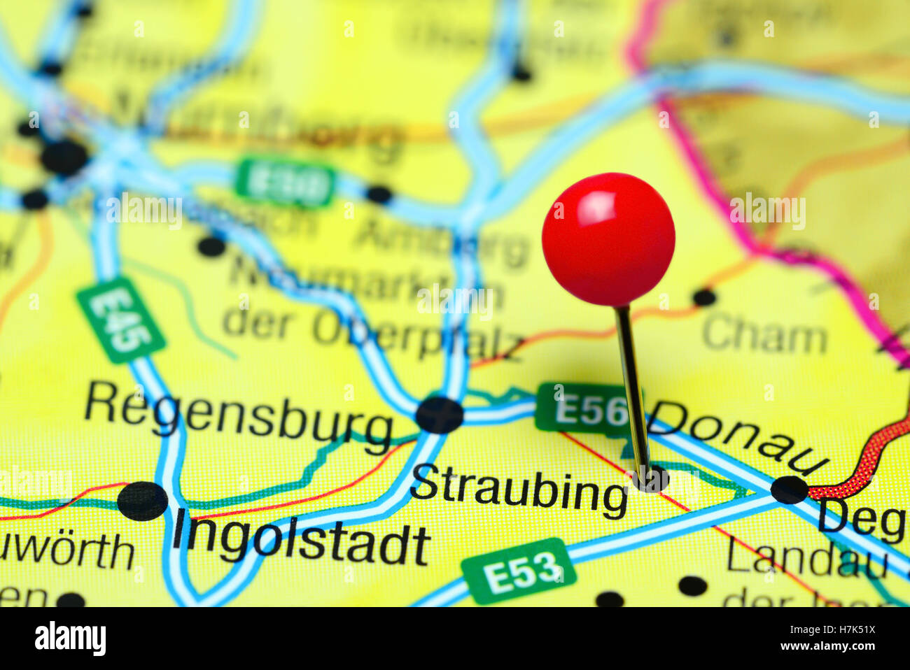 Straubing pinned on a map of Germany Stock Photo