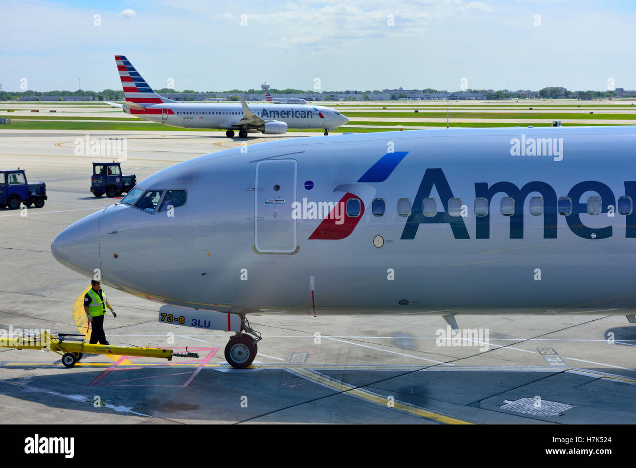 American Airlines plains at Chicago O'Hare International Airport, USA Stock Photo