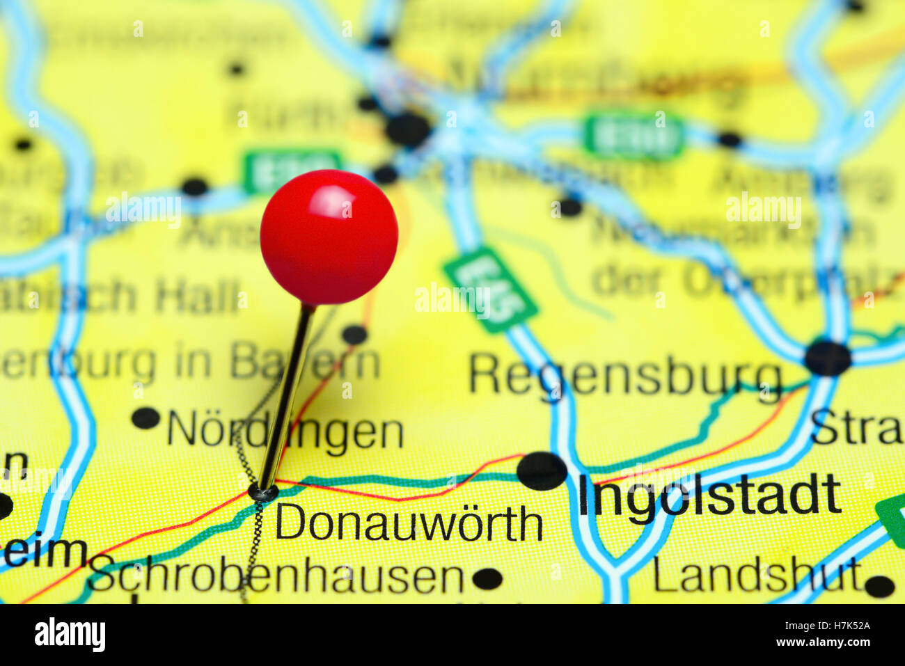 Donauworth pinned on a map of Germany Stock Photo