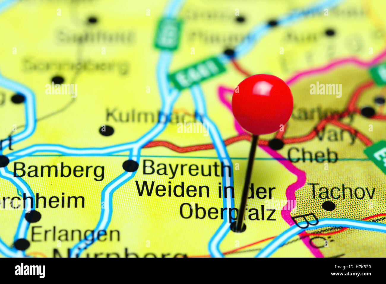 Weiden in der Oberpfalz pinned on a map of Germany Stock Photo