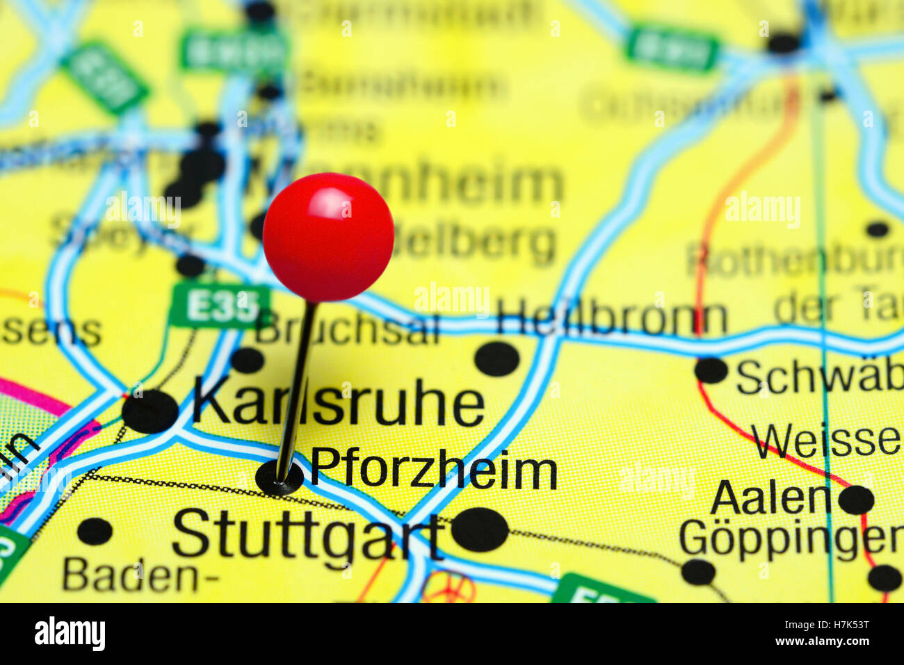 Pforzheim pinned on a map of Germany Stock Photo