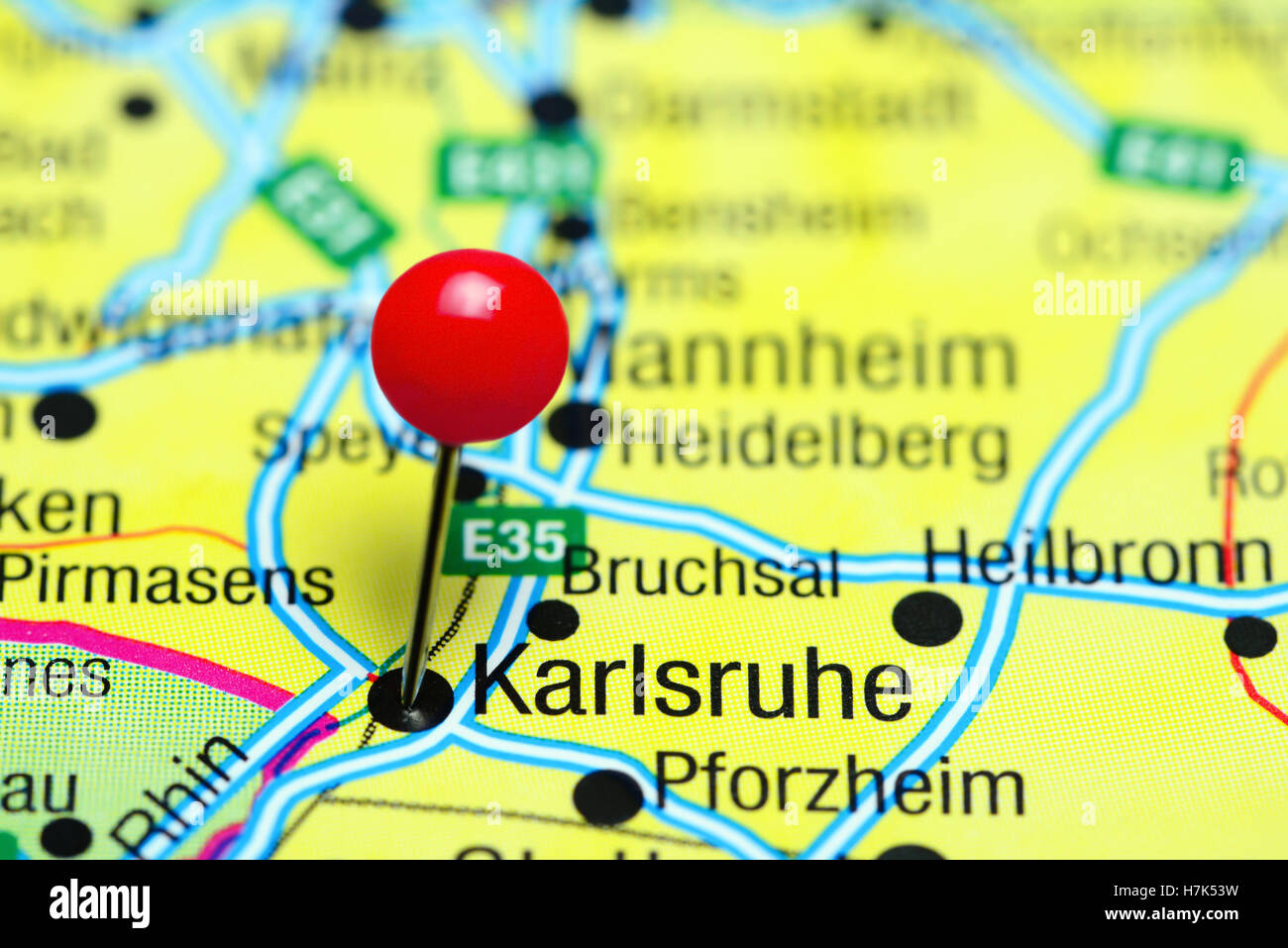 Karlsruhe pinned on a map of Germany Stock Photo