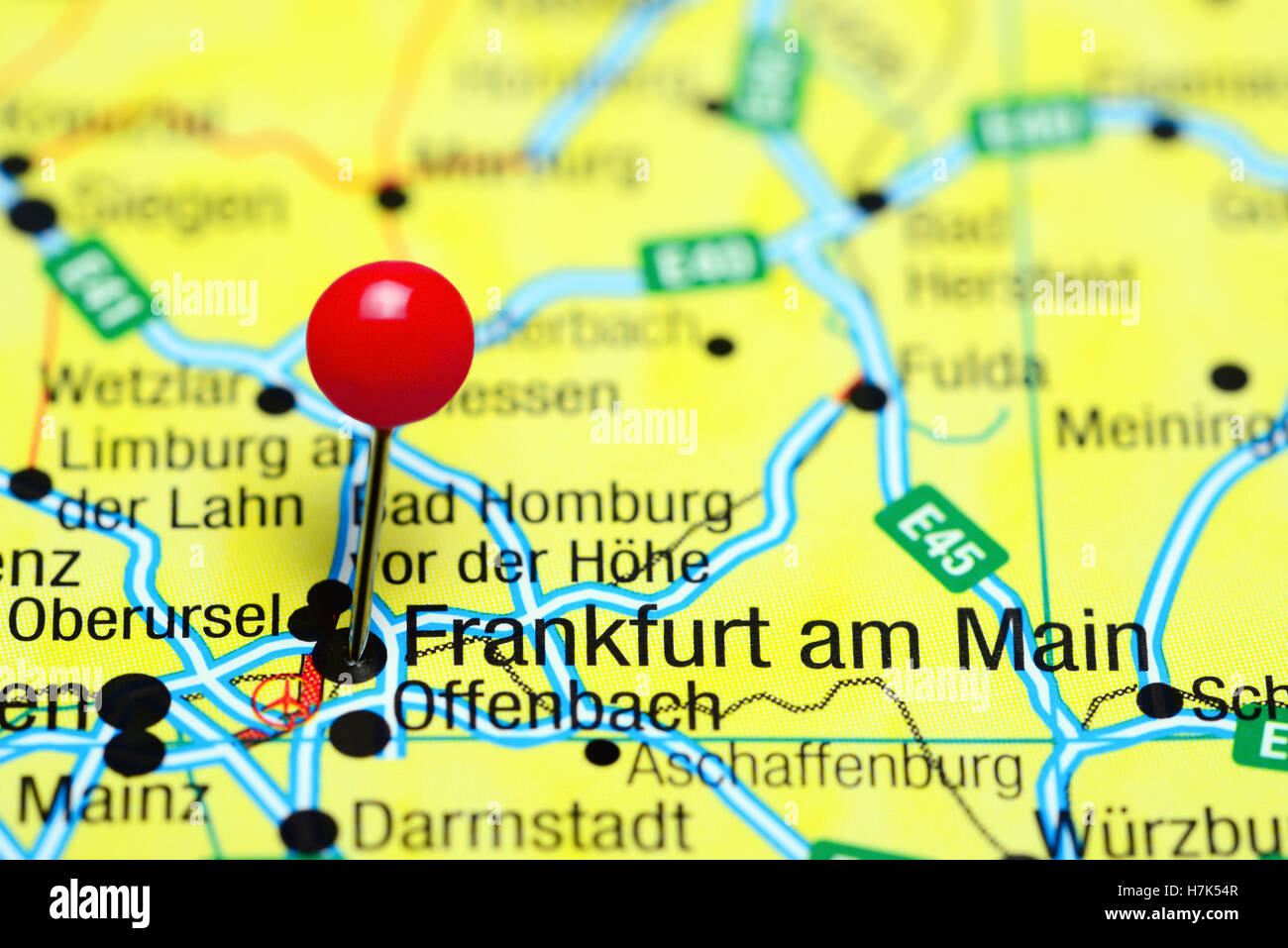 Frankfurt am Main pinned on a map of Germany Stock Photo