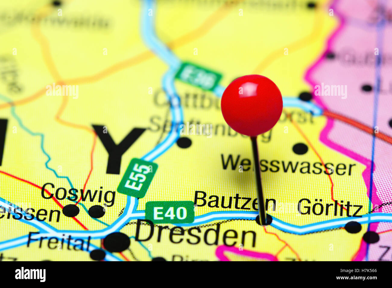 Bautzen pinned on a map of Germany Stock Photo