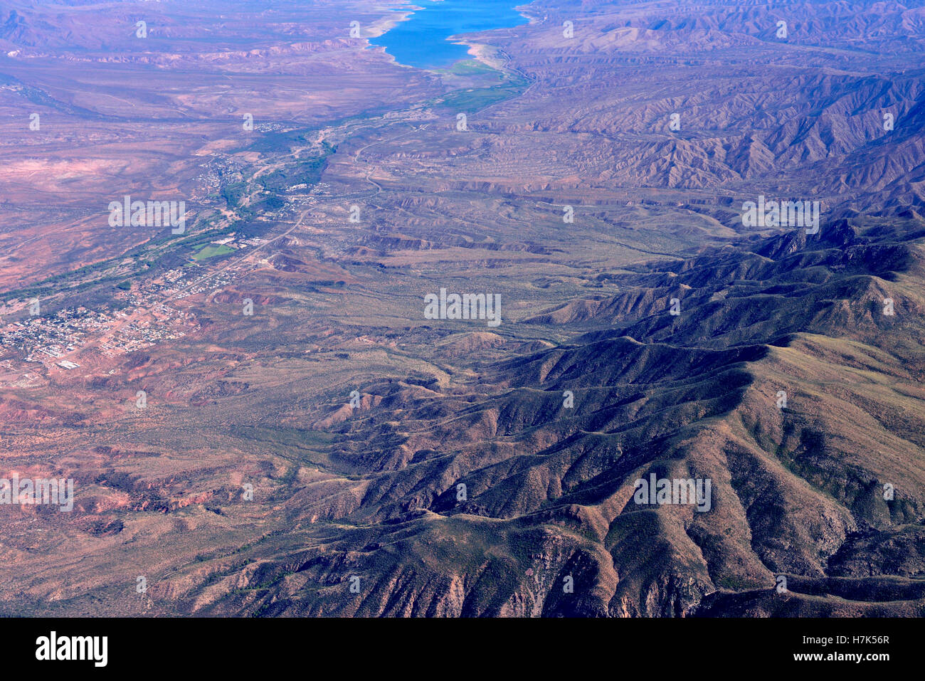 Aerial view of northern Sonoran Desert, Salt River near Tonto National Monument, Superstition Mountains, Roosevelt Lake, AZ Stock Photo