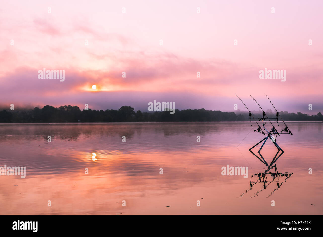 Fishing adventures. Carp fishing rods propped on a rod pod with three bite alarms Stock Photo Fishing adventures. Carp fishing rods propped on a rod pod with three bite alarms Stock Photo