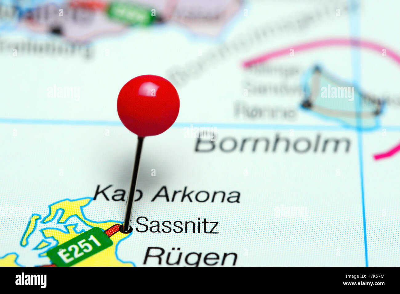 Sassnitz pinned on a map of Germany Stock Photo
