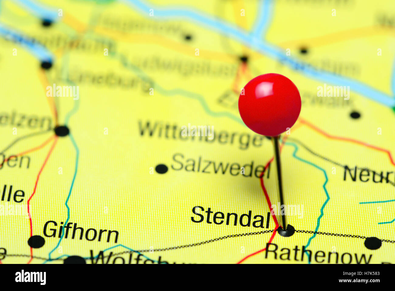Stendal pinned on a map of Germany Stock Photo