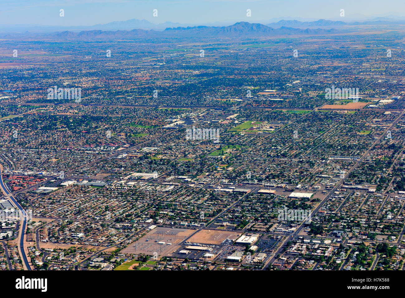 Aerial view of Phoenix, Arizona, suburbs and grid pattern of roads Stock Photo