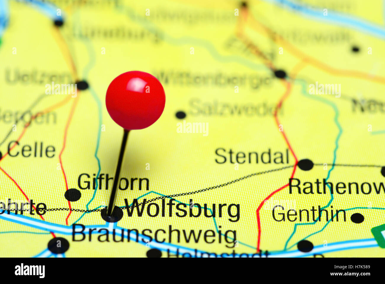 Wolfsburg pinned on a map of Germany Stock Photo