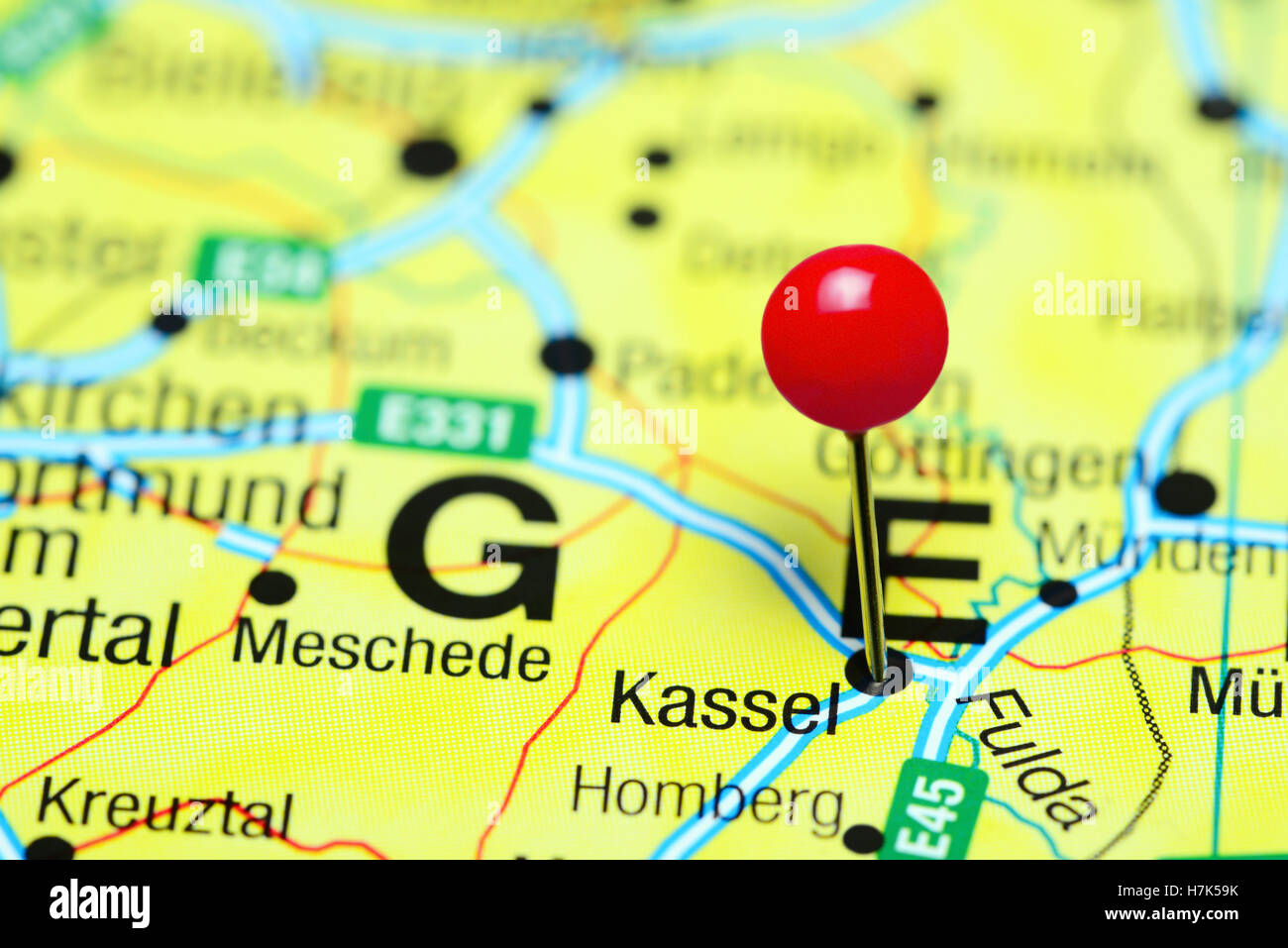 Kassel pinned on a map of Germany Stock Photo