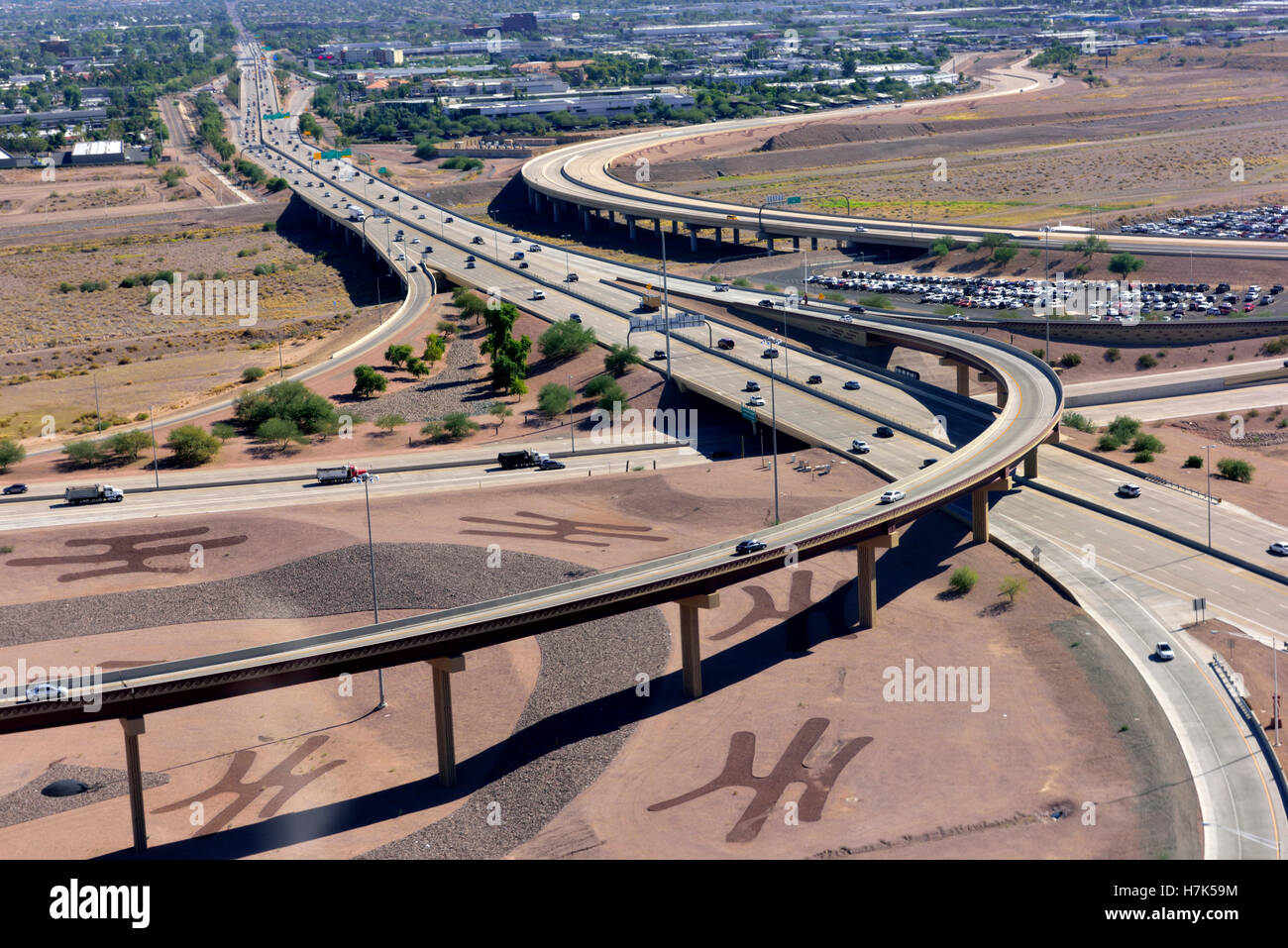 Aerial view of highway interchange (Hohokam Expressway), Phoenix, Arizona Stock Photo