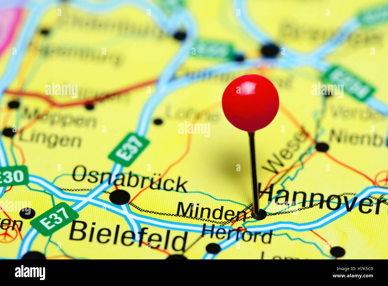 Minden pinned on a map of Germany Stock Photo