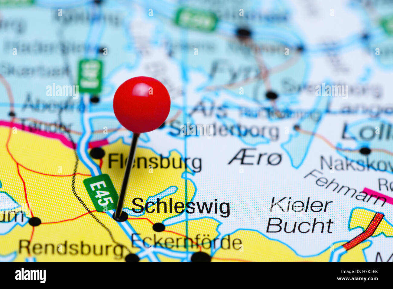 Schleswig pinned on a map of Germany Stock Photo