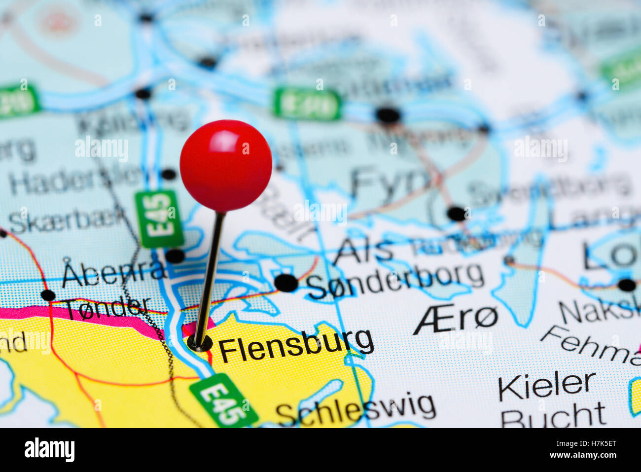 Flensburg pinned on a map of Germany Stock Photo