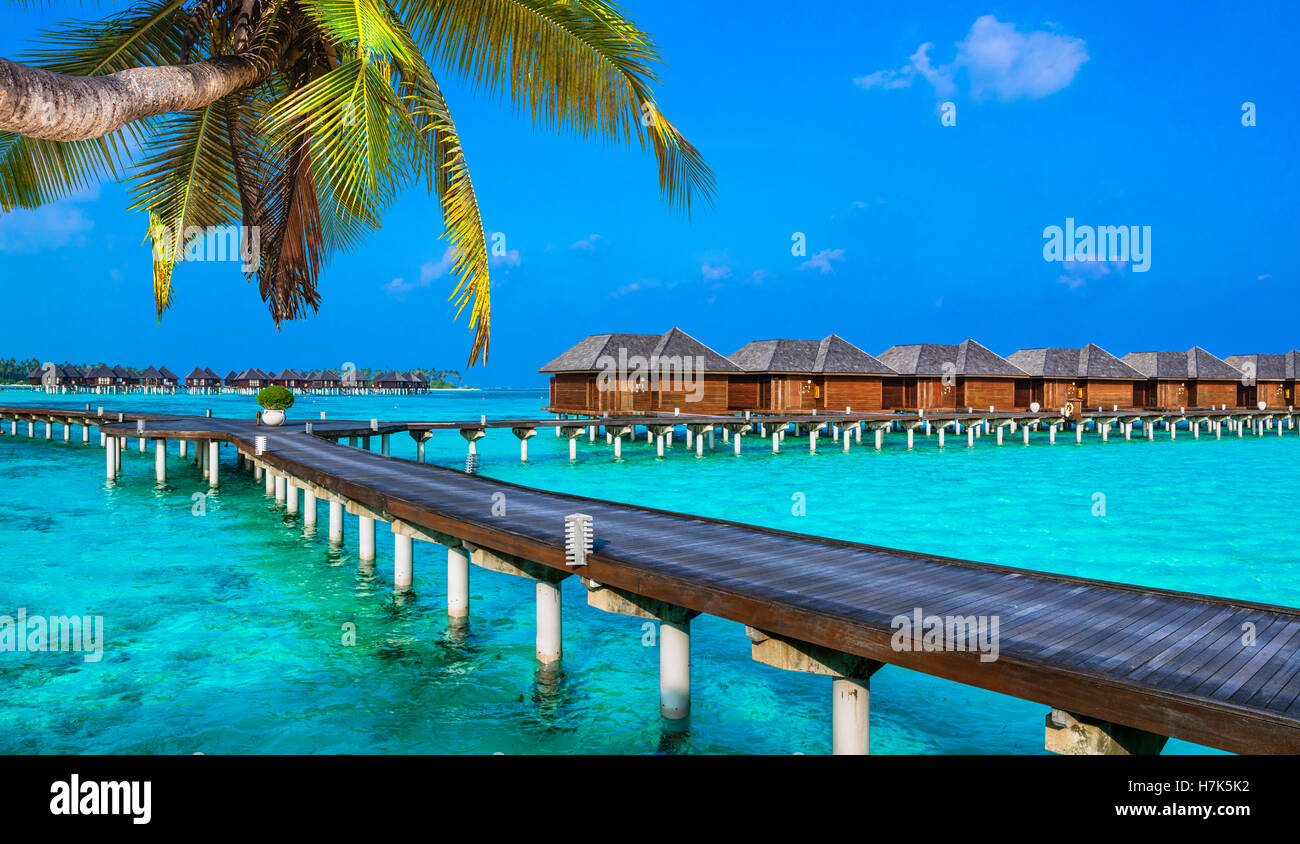 Luxury water bungalows in Maldives resorts Stock Photo