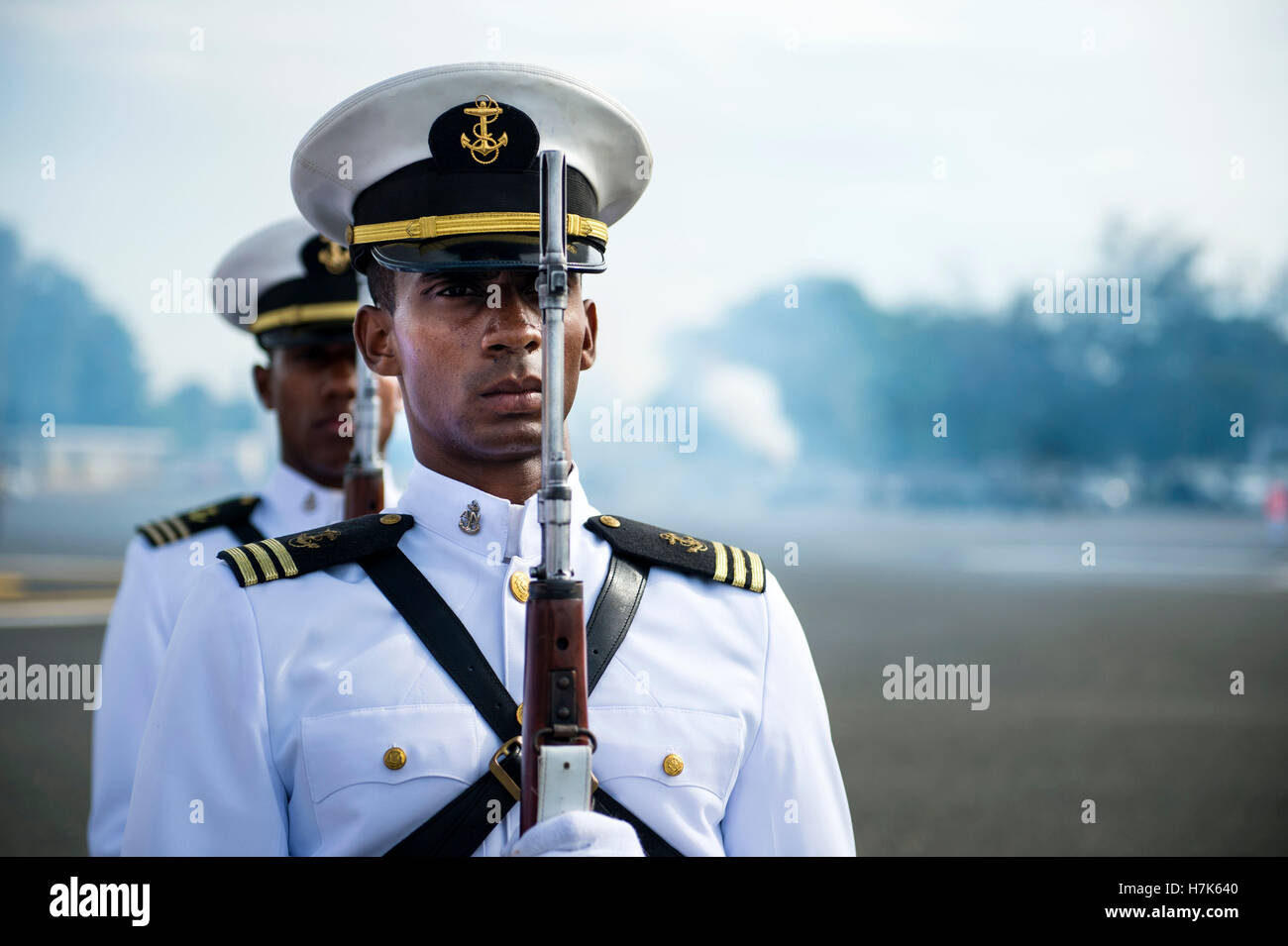 Dominican sailors render honors during the Continuing Promise 2015 opening ceremony at the 27 de Febrero Naval Base August 15, 2015 in Santo Domingo, Dominican Republic. Stock Photo