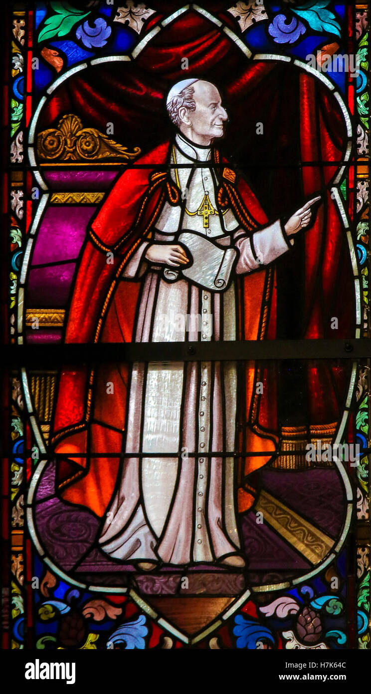Stained Glass window depicting Cardinal Mercier (1851 - 1926), Belgian cardinal of the Roman Catholic Church and a noted scholar Stock Photo