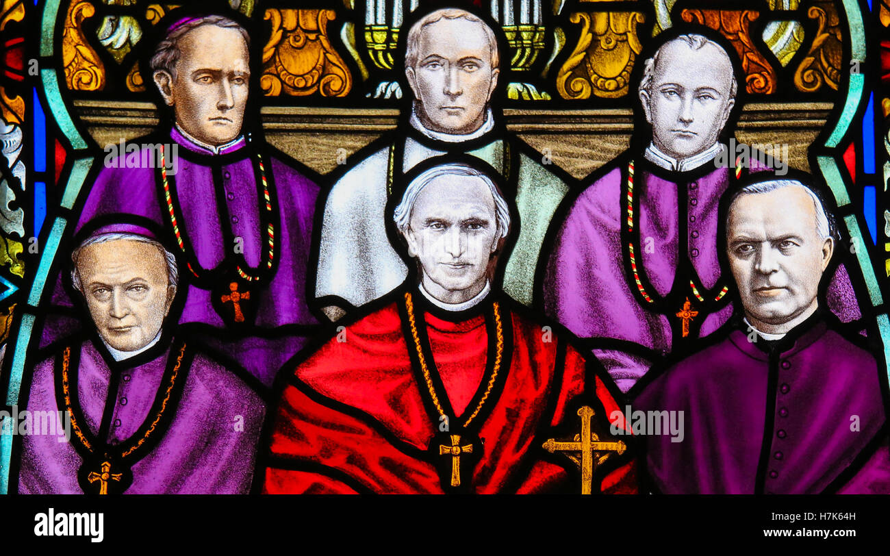 Stained Glass window depicting Cardinal Mercier (1851 - 1926) and Belgian bishops, in the Cathedral of Mechelen, Belgium. Stock Photo