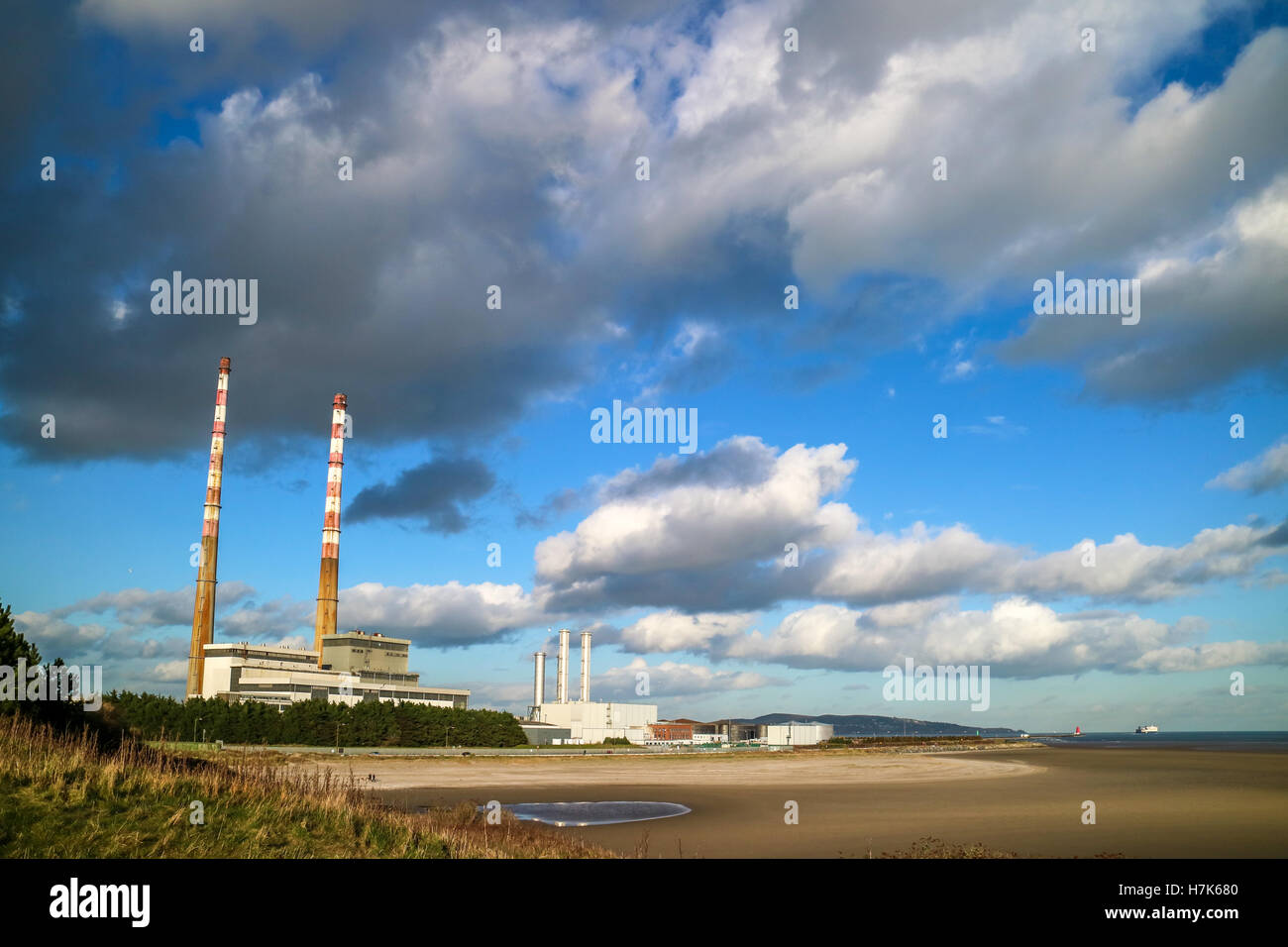 The Poolbeg chimneys viewed from a boat in Dublin bay, Dublin, Ireland