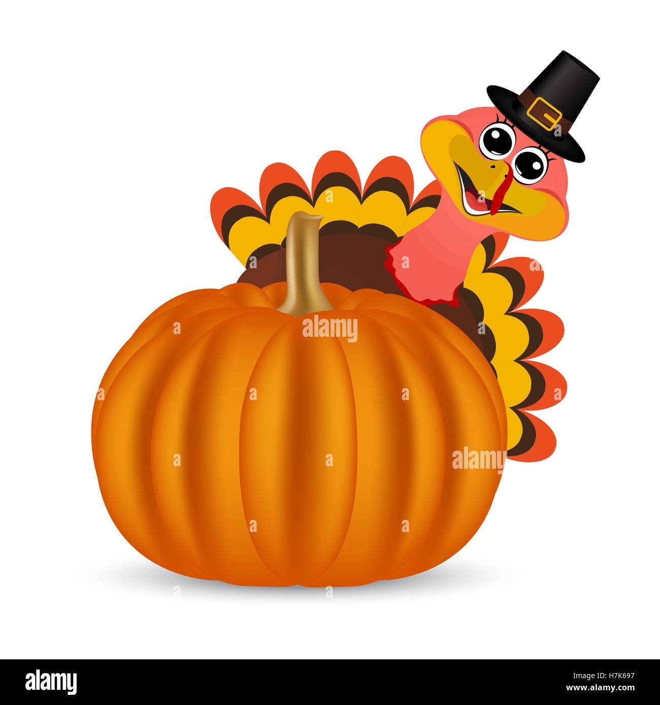 Turkey on Thanksgiving Day looks out from behind a pumpkin Stock Vector ...