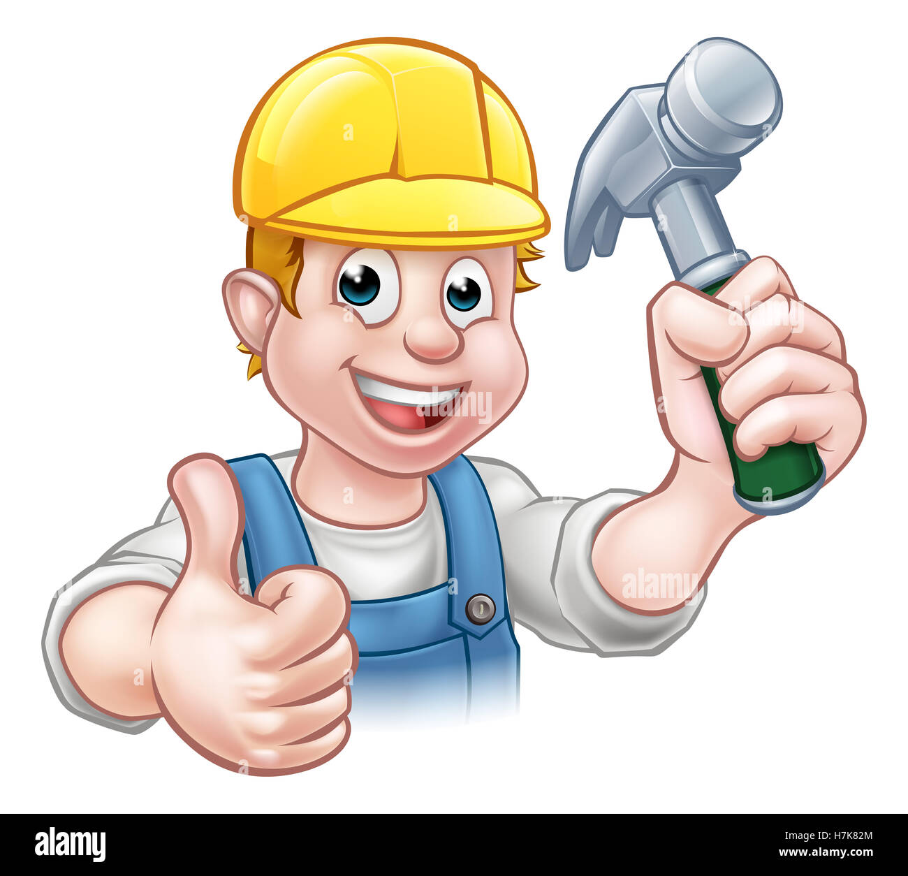 Handyman carpenter cartoon character holding a hammer and giving thumbs up Stock Photo