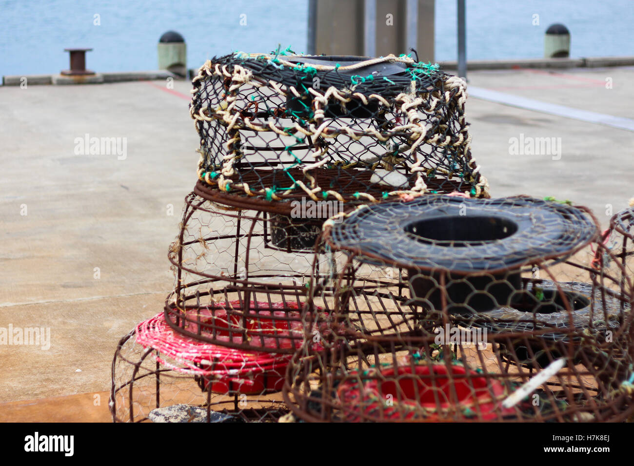 Fishing Traps on a beach pier Stock Photo