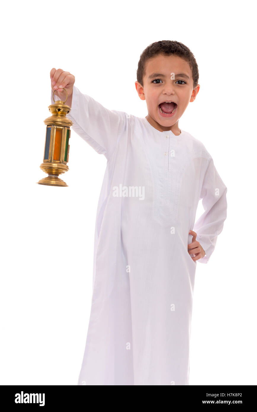 Happy Young Boy Holding Lantern Celebrating Ramadan Isolated on White Background Stock Photo