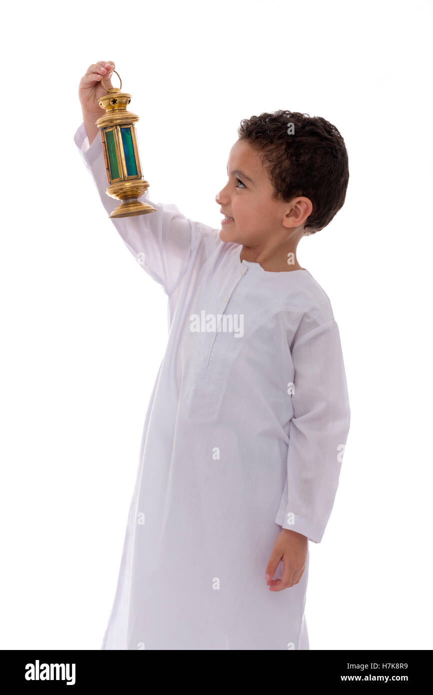 Little Happy Boy with Lantern Celebrating Ramadan Isolated on White Background Stock Photo