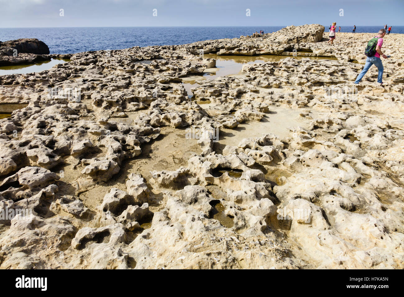 Gozo, Dwejra bay. Strongly eroded and sculpted limestone rocks of the ...