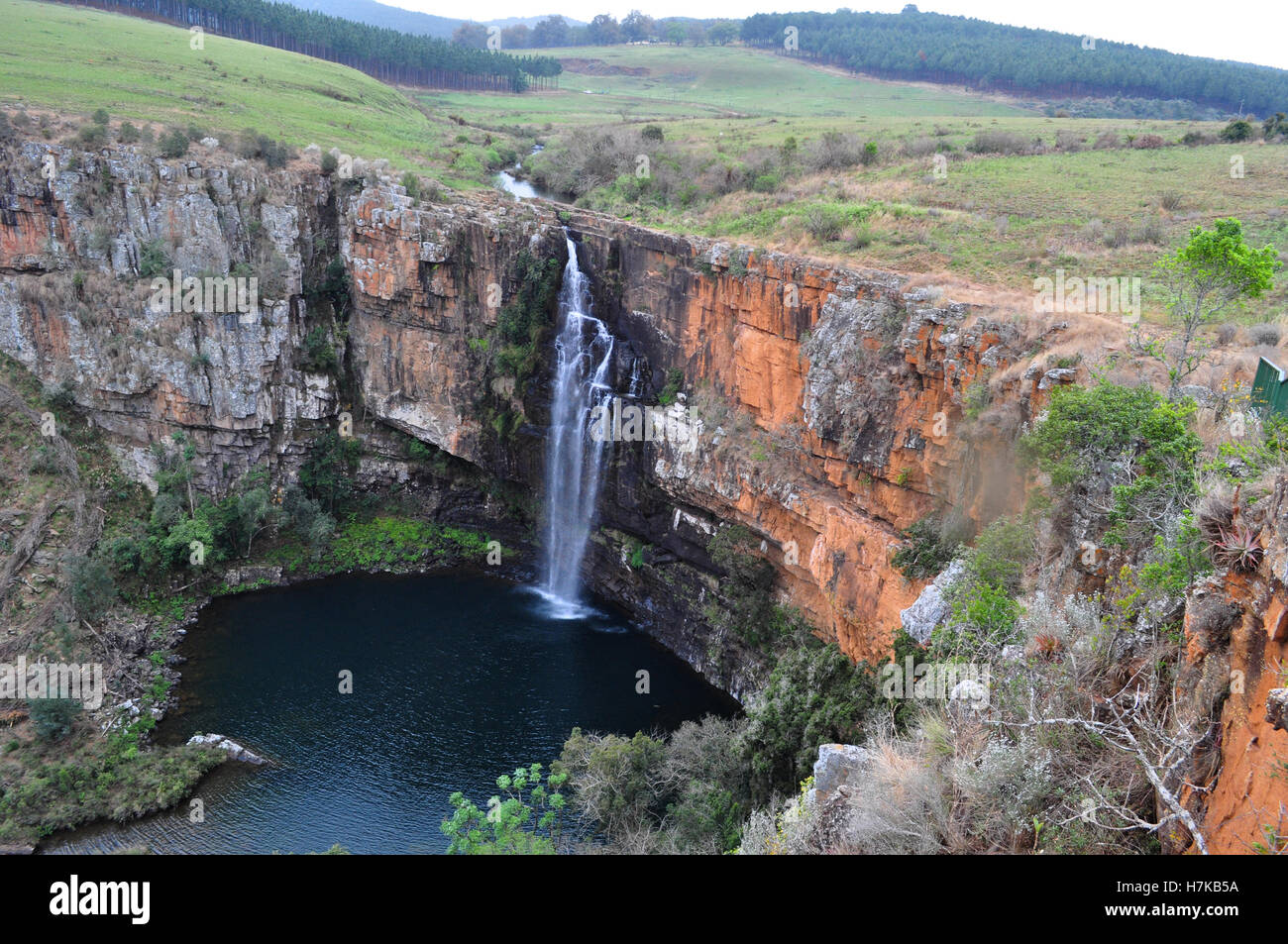 South Africa, Mpumalanga: aerial view of the Mac Mac Falls, a 65 meters high waterfall in the Mac Mac River, a declared National Monument Stock Photo