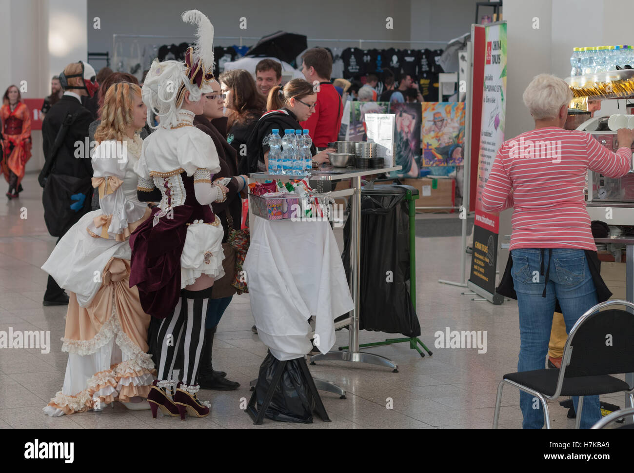 BRNO, CZECH REPUBLIC - APRIL 30, 2016:  Cosplayers waiting for coffe at Animefest, anime convention on April 30, 2016 Brno Stock Photo