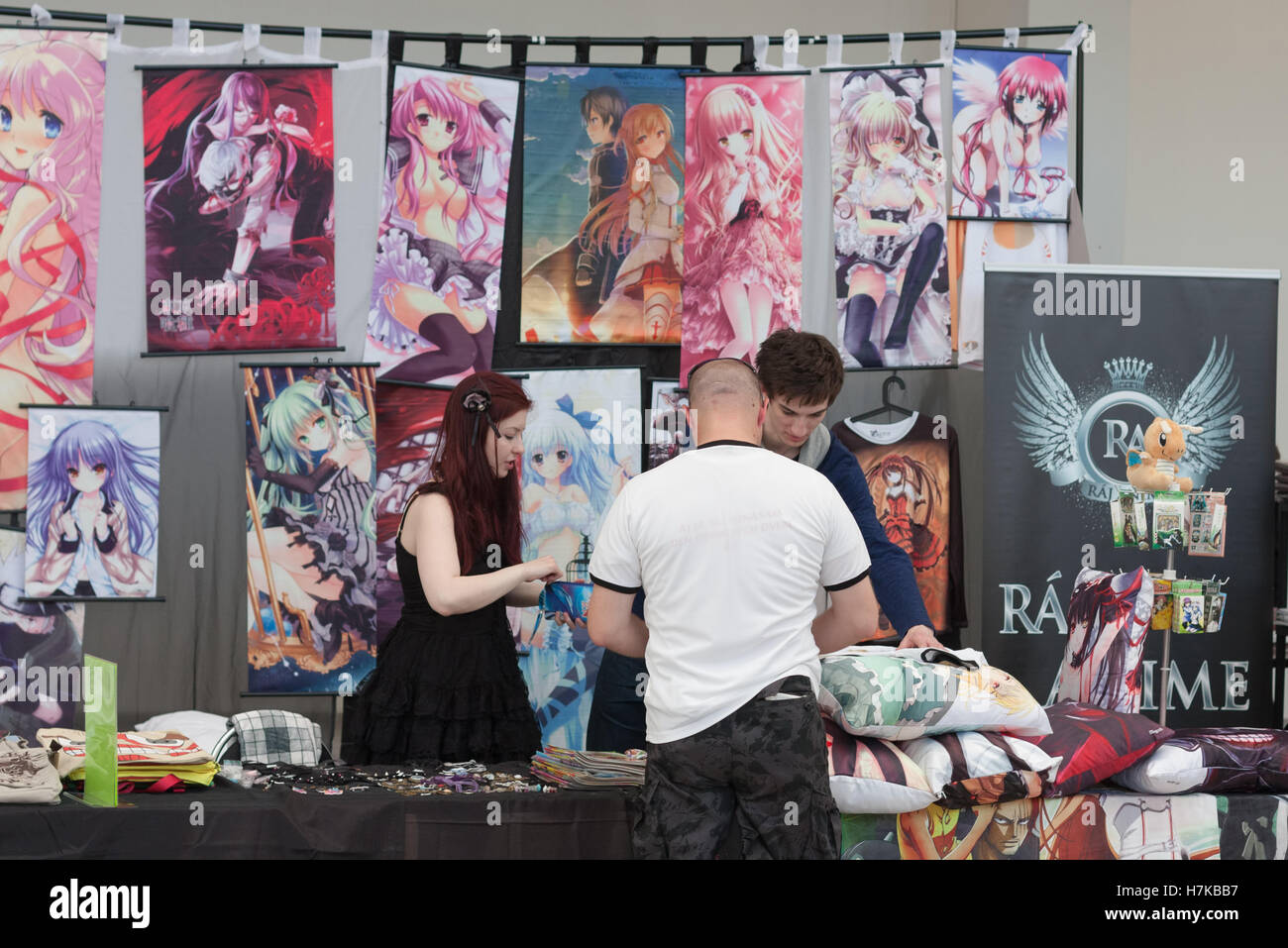BRNO, CZECH REPUBLIC - APRIL 30, 2016:Visitor of animefest buys at market  with anime wall scroll at Animefest, anime convention Stock Photo - Alamy