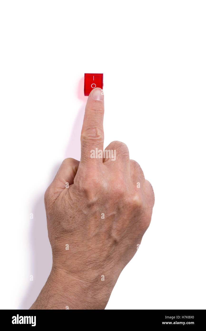 hand pushing a electrical switch. isolated Stock Photo