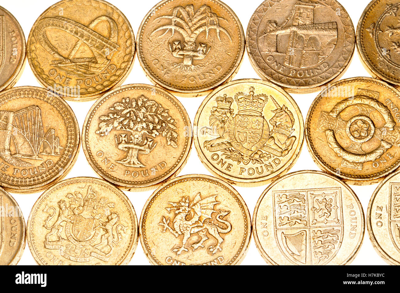 British pound coins with different designs on the reverse Stock Photo