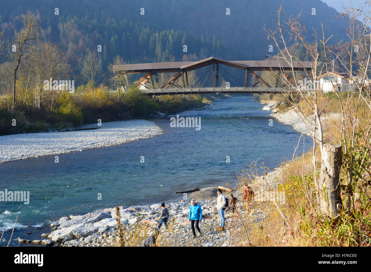 Kössen: river Großache, wooden bridge Staffenbrücke, Kaiserwinkl Region, Tirol, Tyrol, Austria Stock Photo