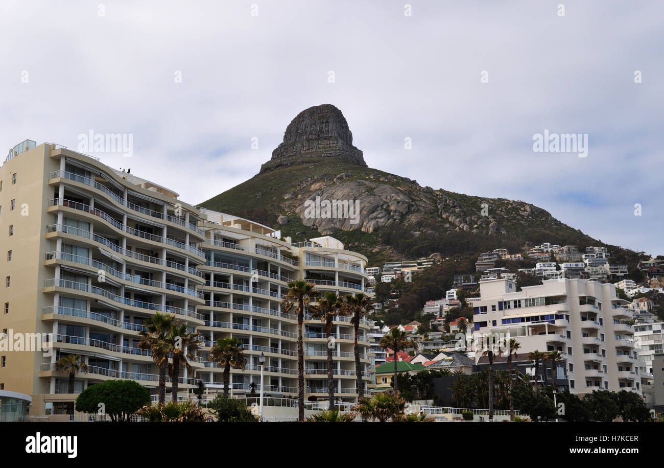 South Africa: view of the peak of Lion's Head, a mountain between the Table Mountain and Signal Hill, and the skyline of Sea Point Stock Photo