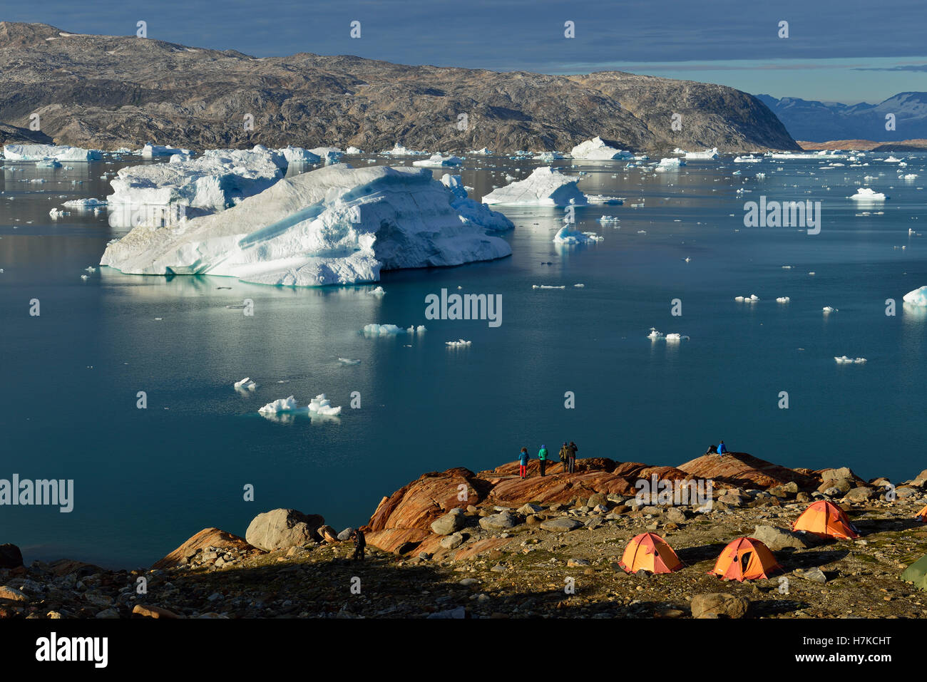 Tourist camp with tents, Johan Petersen Fjord, East Greenland, Greenland Stock Photo