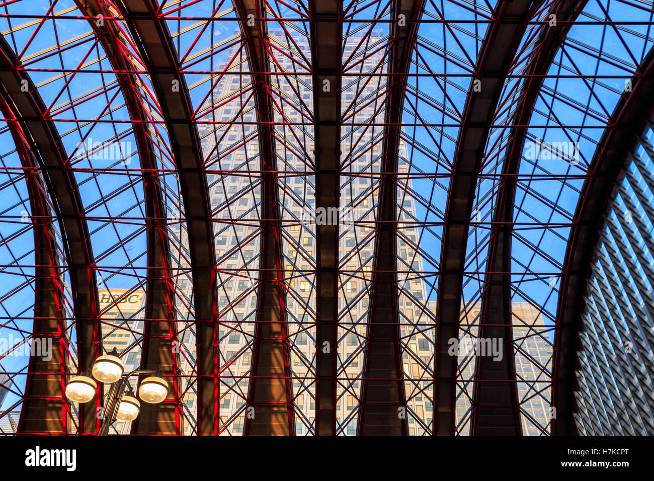 London, UK - August 30- 2016 - Glass ceiling of Canary Wharf Docklands Light Railway station Stock Photo